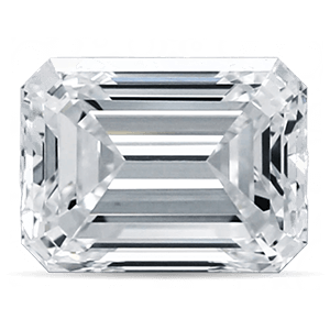 An emerald-cut diamond with a rectangular shape and step-cut facets, displaying high clarity and brilliance against a white background.