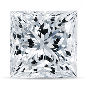 A sparkling, colorless diamond with a square, princess cut shape and sharp, geometric facets, displayed on a white background.