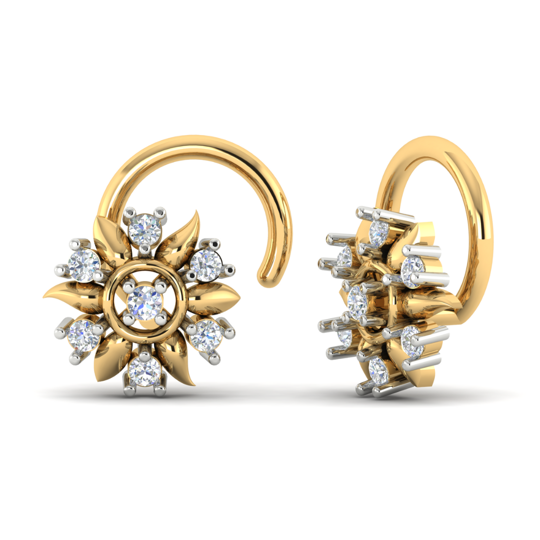 Niraas Allosia Diamond Nosepin showcases a floral design with curved petals adorned by sparkling gemstones, centered around a larger gem for an elegant look. Crafted from luxurious gold, this nosepin offers a sophisticated and graceful appearance.