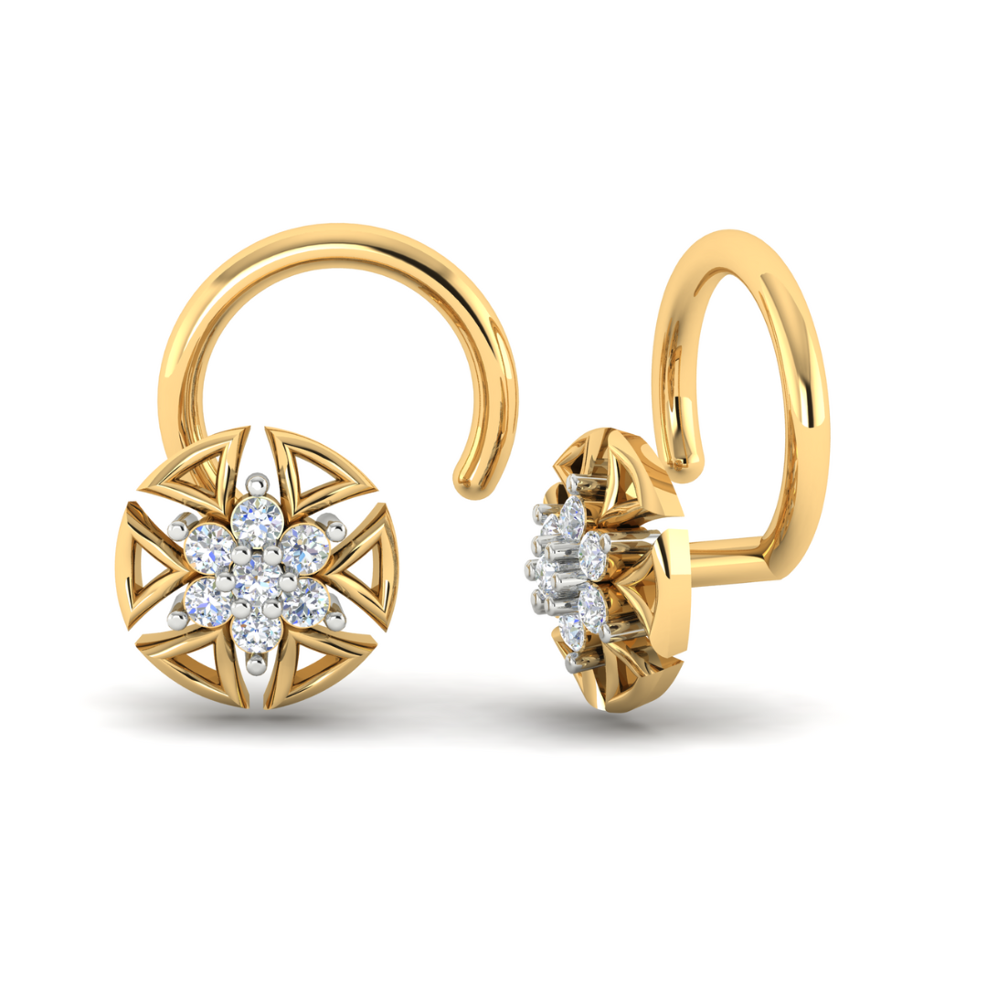 The Airis Diamond Nosepin by Niraa exudes elegance, featuring a luxurious front design reminiscent of a six-pointed star with a central cluster of small white gemstones arranged in a floral pattern.