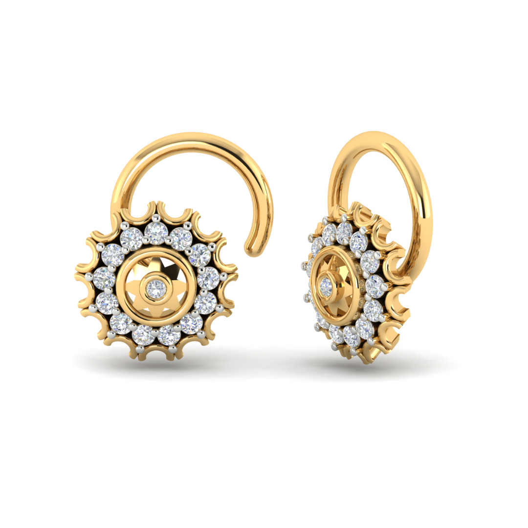 The Iris Diamond Nosepin by Niraa epitomizes luxury with a central diamond encircled by smaller ones and intricate detailing resembling a gear on the edges. Its open hoop style adds elegance and sophistication.