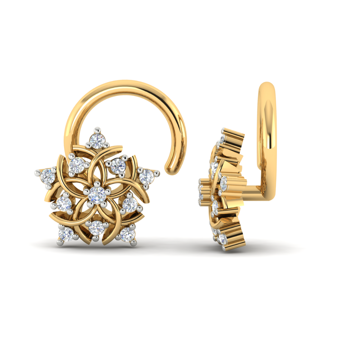 The Insignia Diamond Nosepin by Niraa features intricate star-shaped floral designs with small diamonds and a unique looped gold hook, blending elegance and craftsmanship for those who appreciate timeless beauty.