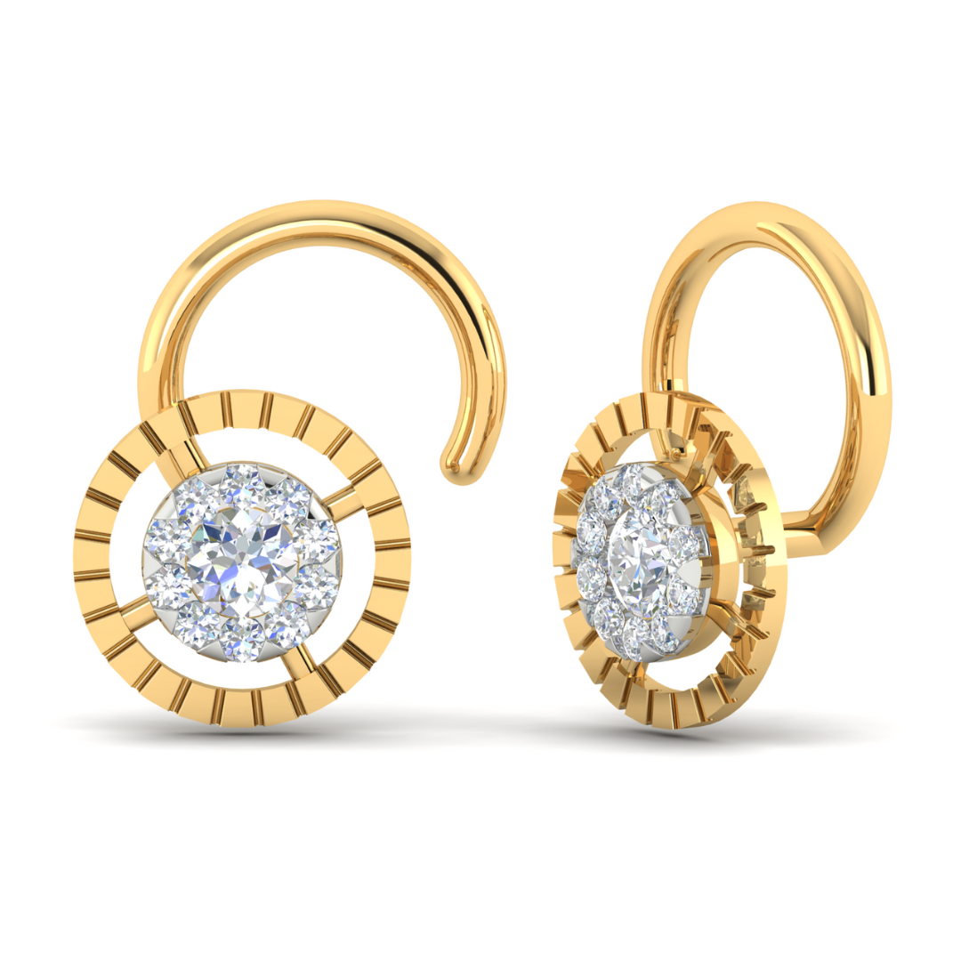 Niraas Amaris Diamond Nosepin showcases a circular design with a cluster of sparkling diamonds and comes with a diamond certificate. A textured gold ring surrounds the diamonds, offering an elegant and luxurious appearance.