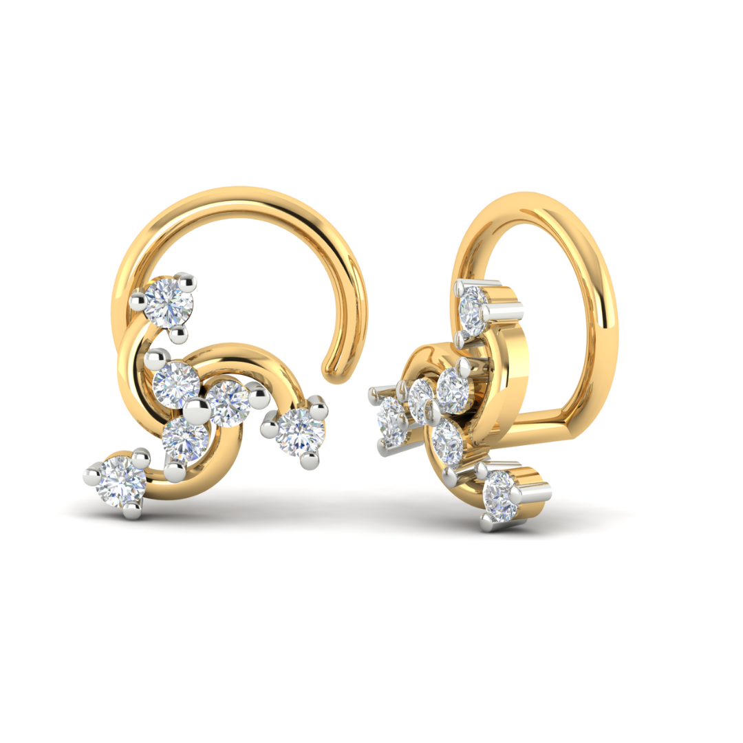 The Aria Diamond Nosepin by Niraa features a swirl design with five small sparkling diamonds and comes with an authenticity certificate. This nosepin boasts a contemporary, sophisticated look that emphasizes elegance and style.