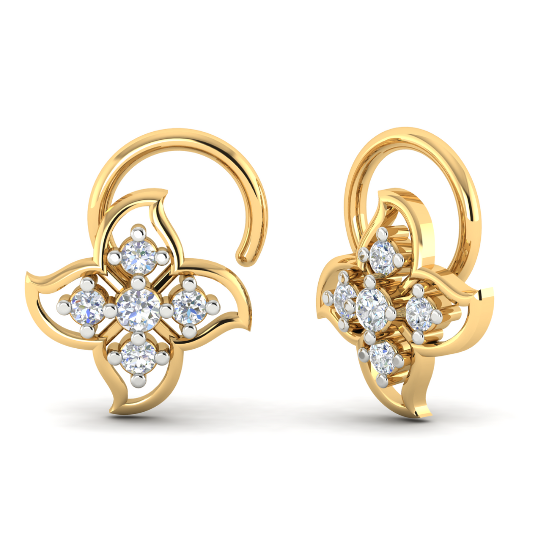 The Kaia Diamond Nosepin by Niraa, crafted in a floral design, features small, gleaming diamonds at its center. This luxurious and elegant accessory boasts gracefully curved petals, making it a timeless addition to any jewelry collection.