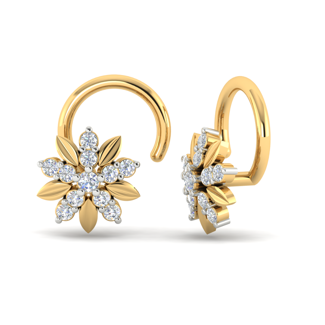 Two gold hoop earrings with floral designs showcase marquise and round diamond accents. Each displays a six-petal flower motif with smooth gold leaves and sparkling diamonds, reminiscent of the luxurious elegance found in Niraas Zaniah Diamond Nosepin.