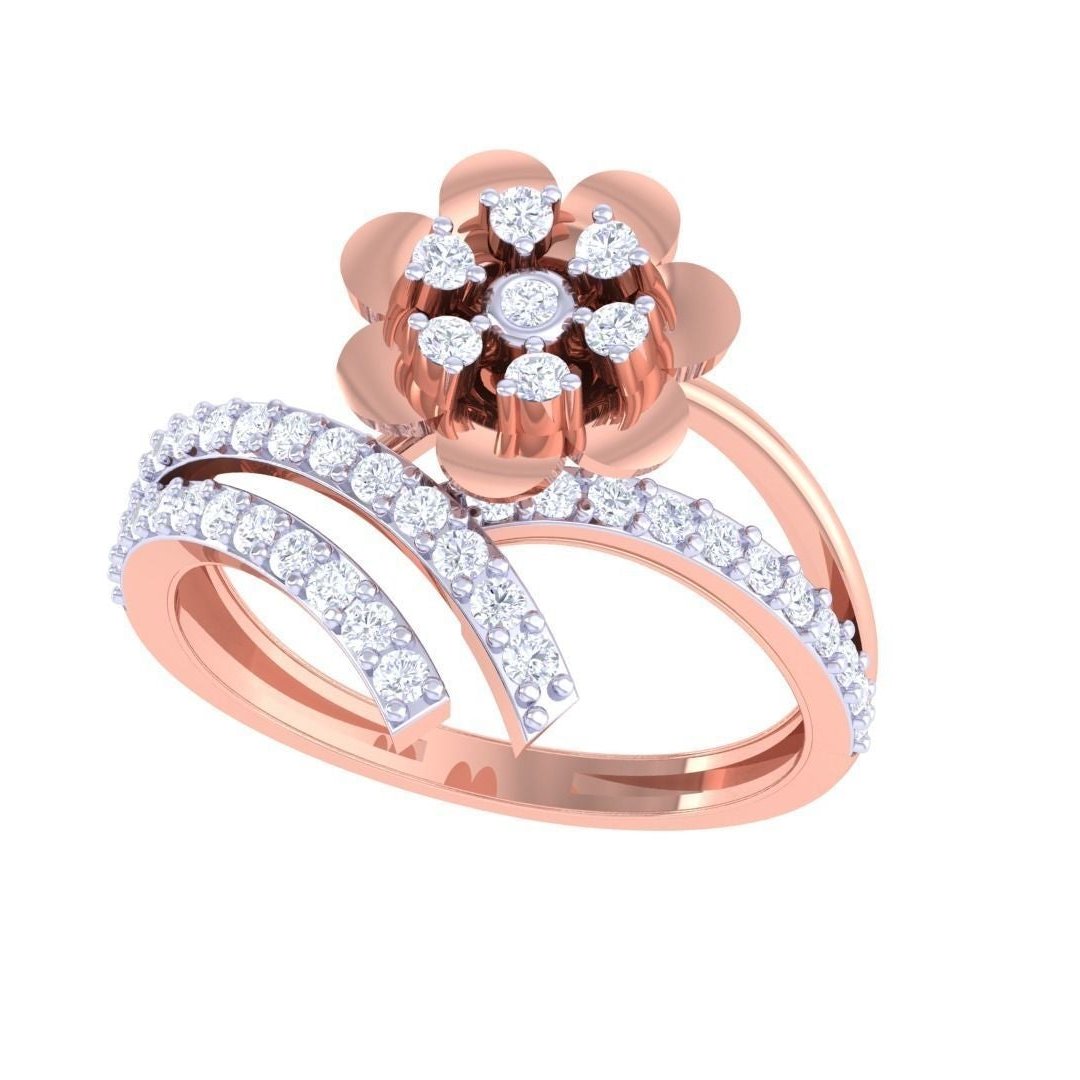 Discover the luxury of Niraas Crestora Diamond Ladies Ring, featuring a floral design. A central diamond is surrounded by petal-like diamonds and a band adorned with rows of small diamonds for exquisite sparkle.