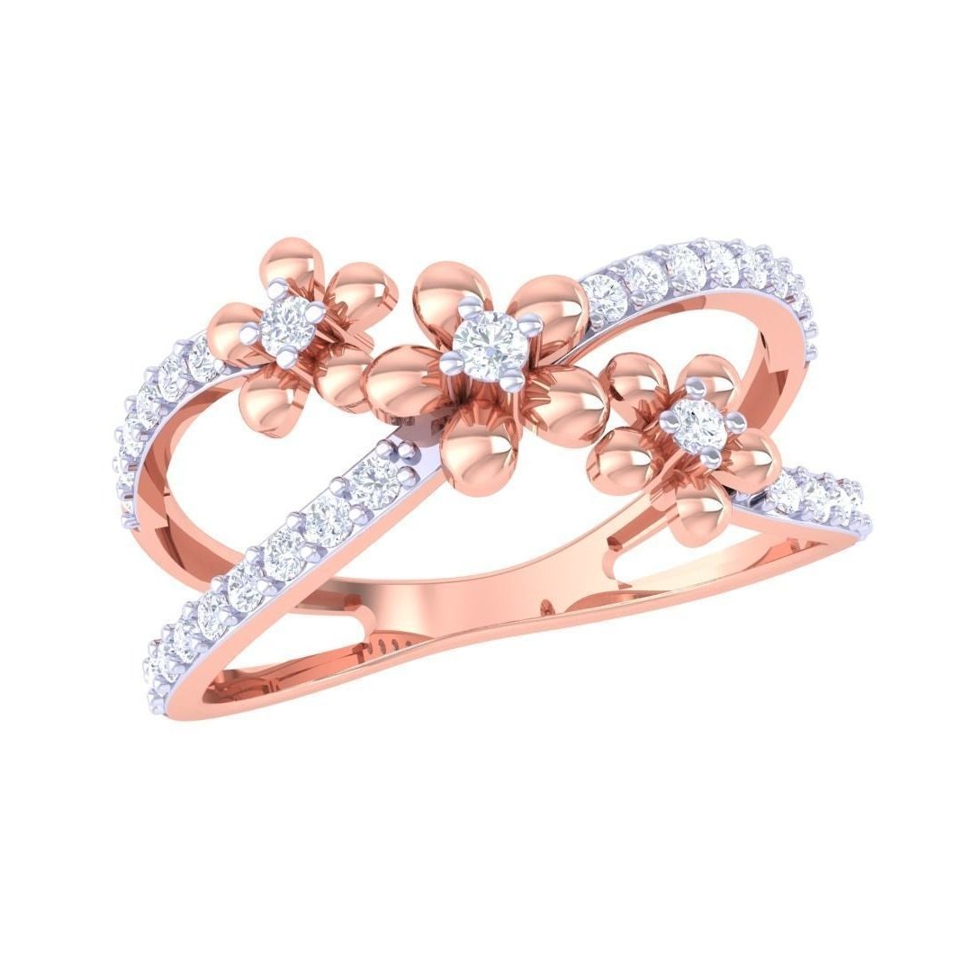 The Aura Diamond Ladies Ring by Niraa showcases three exquisite flower-shaped designs with central diamonds, a gold band adorned with smaller diamonds elegantly looping around each motif, epitomizing luxury and style.