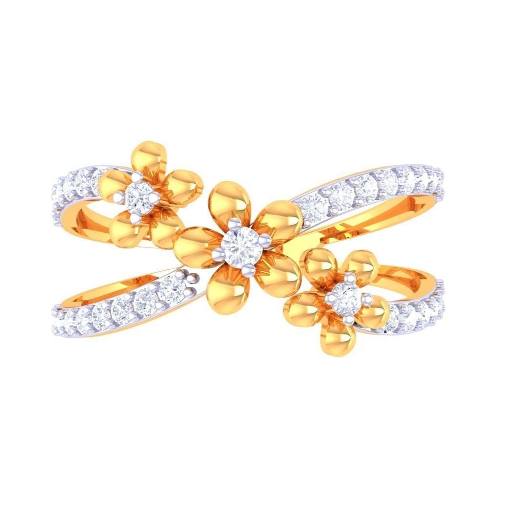 The Aura Diamond Ladies Ring by Niraa showcases three exquisite flower-shaped designs with central diamonds, a gold band adorned with smaller diamonds elegantly looping around each motif, epitomizing luxury and style.