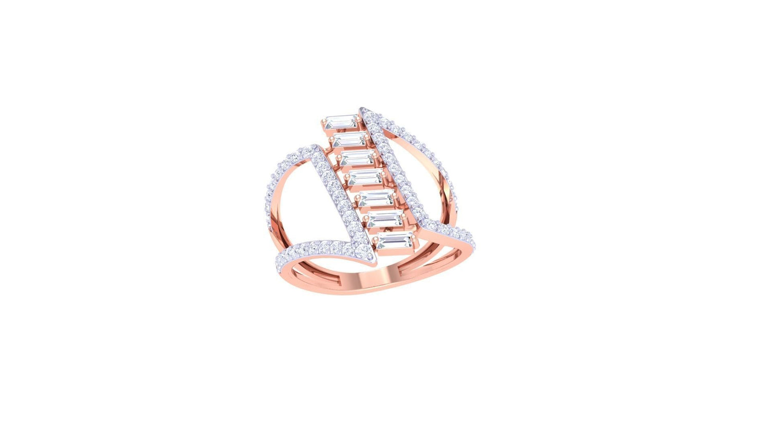 Introducing the Verve Diamond Ladies Ring by Niraa, a masterpiece of creative elegance. This luxurious gold ring highlights vertically set elongated rectangular clear gemstones, complemented by a band adorned with small round stones, enhancing its refined beauty against a pristine white background.