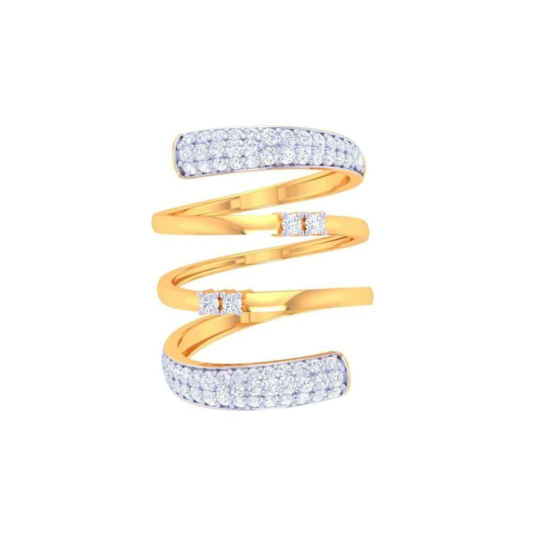 The Niraa Madelina Diamond Ladies Ring is a stunning luxury accessory featuring three spiral-shaped gold bands with diamond embellishments, creating an elegant and opulent look against a pristine white background.