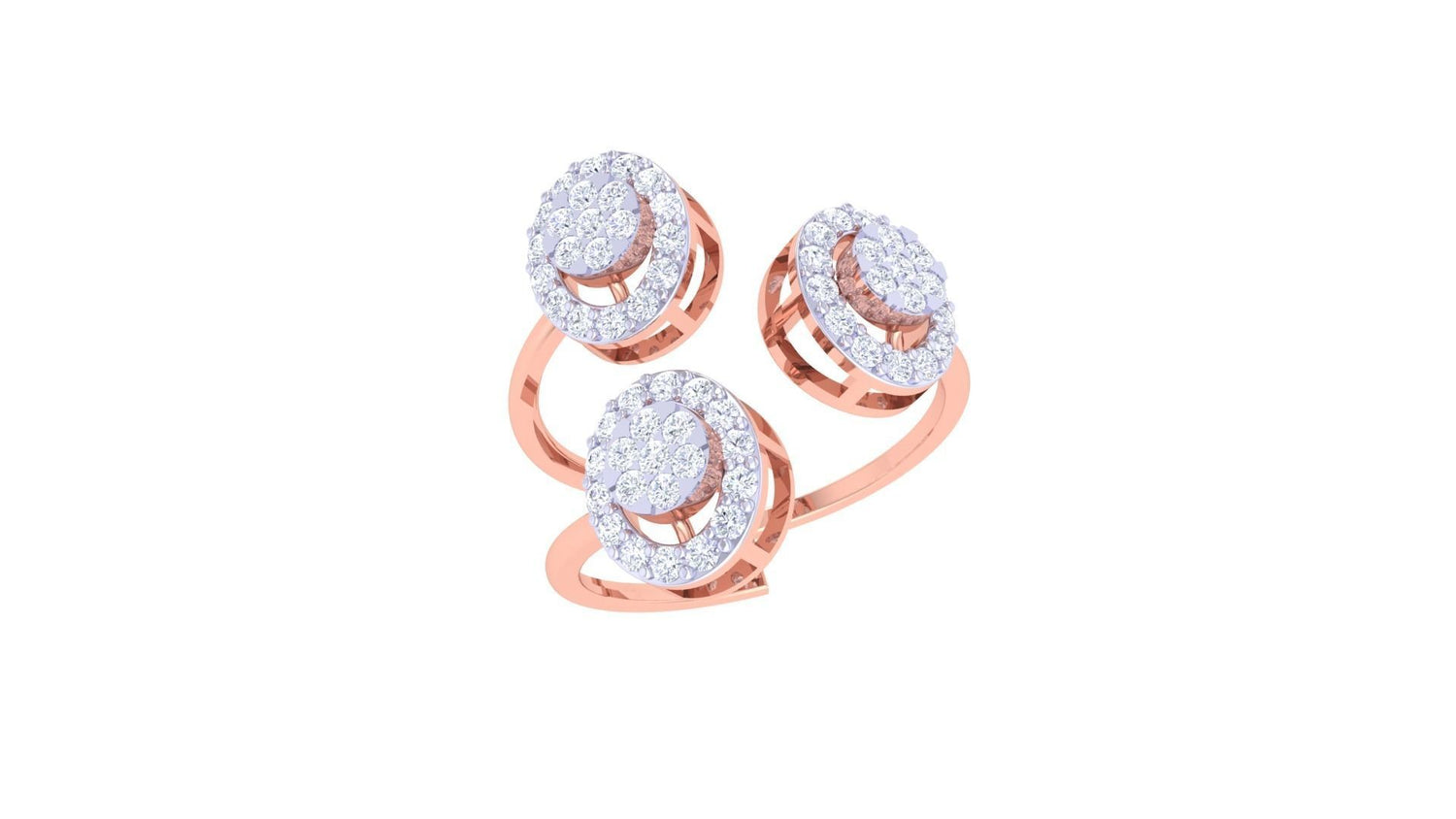 The Lorelei Diamond Ladies Ring by Niraa showcases a stunning gold triple cluster design with circular diamond settings. The overlapping circles form a unique, intertwined pattern, complemented by a gold band that gracefully splits to highlight the dazzling arrangement.