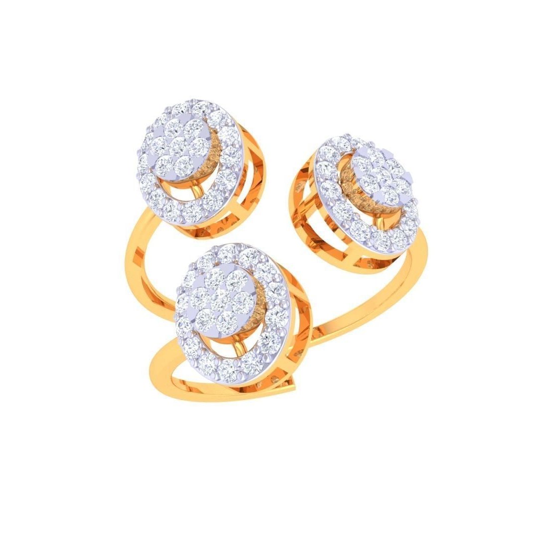 The Lorelei Diamond Ladies Ring by Niraa showcases a stunning gold triple cluster design with circular diamond settings. The overlapping circles form a unique, intertwined pattern, complemented by a gold band that gracefully splits to highlight the dazzling arrangement.