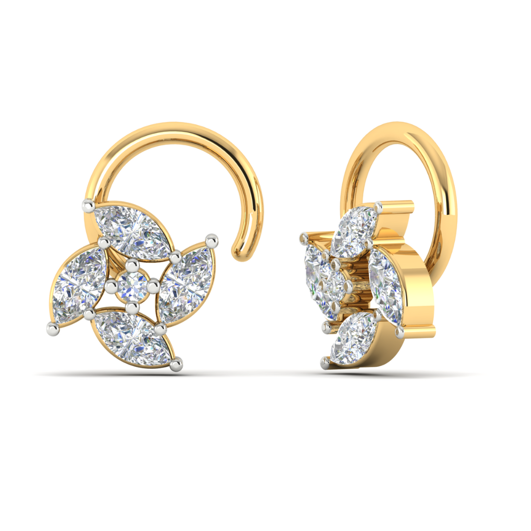 The Arista Diamond Nosepin by Niraa features a circular design with sparkling marquise-cut stones, embodying luxury. Its symmetrical floral-inspired pattern and polished finish make it gleam brilliantly.