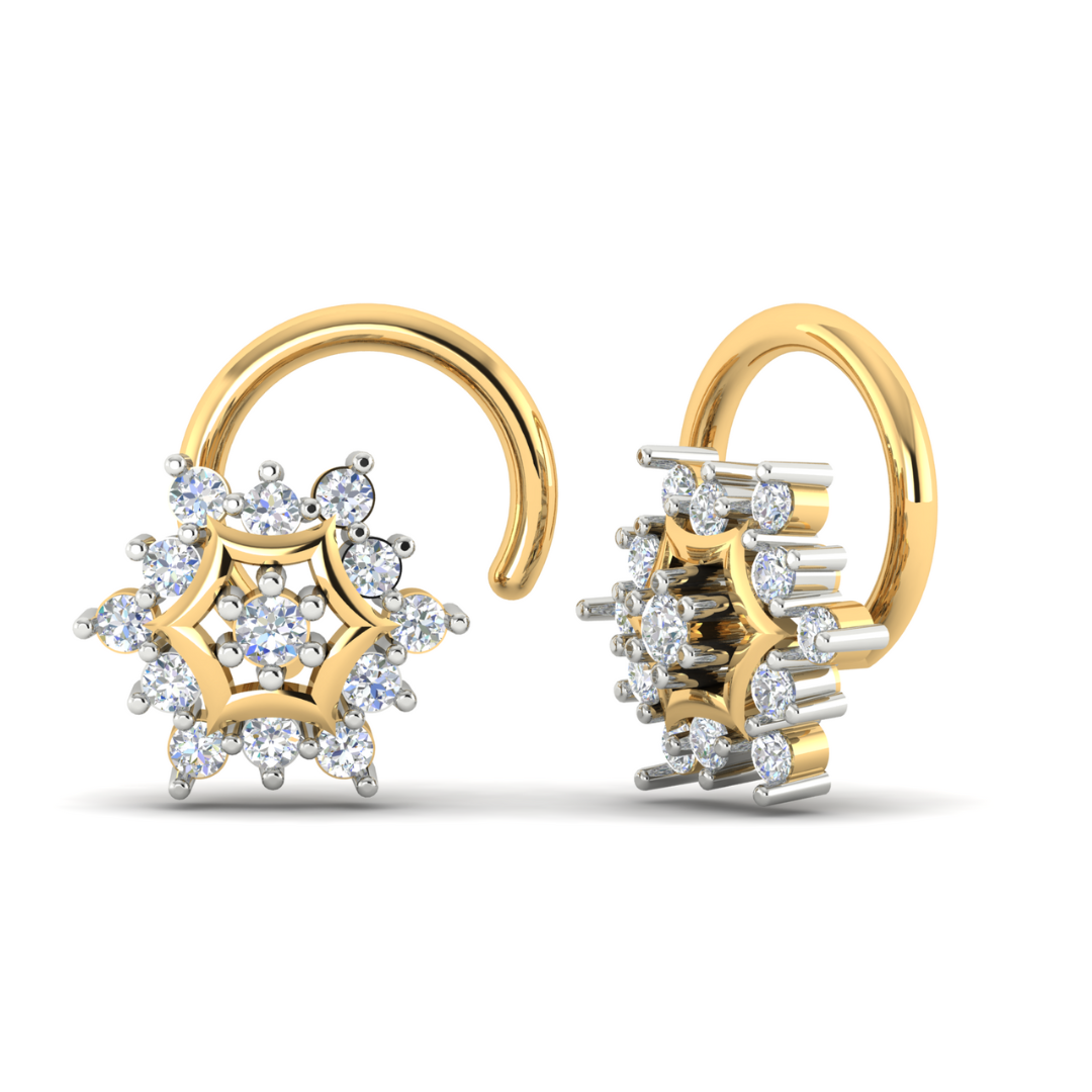 The Zariah Diamond Nosepin by Niraa, with its star-shaped design and small white gemstones, captures luxurious elegance. The intricate arrangement offers a sparkling, diamond-like appearance, making it ideal for stylish and decorative piercing jewelry.
