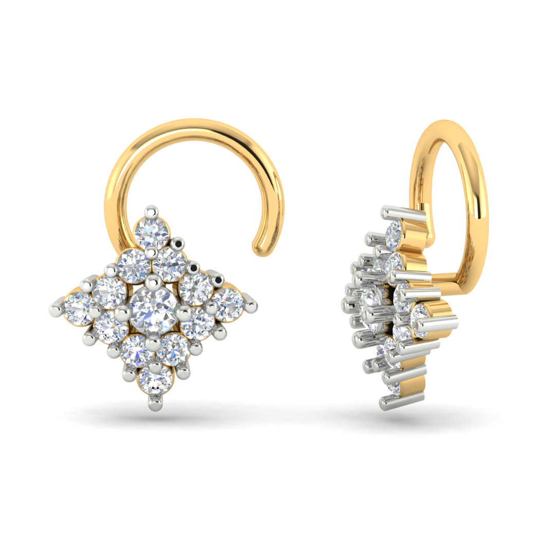The Niraa Inara Diamond Nosepin exudes elegance with its diamond clusters and brilliant sparkle, reminiscent of a certified masterpiece.