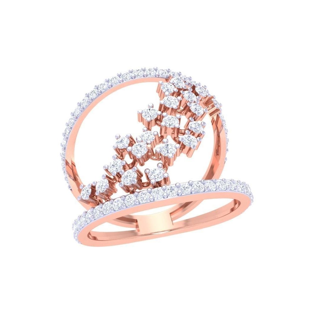 Experience luxury with the Ava Diamond Ladies Ring by Niraa, showcasing a gold double-band design. Diamond clusters crisscross elegantly between the bands, enhanced by shimmering edge diamonds. Ideal for those who cherish gold and diamonds.