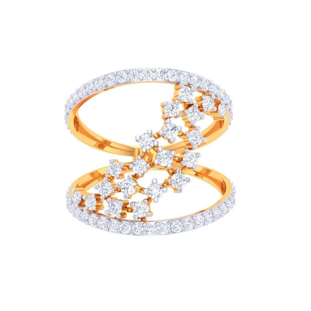 Experience luxury with the Ava Diamond Ladies Ring by Niraa, showcasing a gold double-band design. Diamond clusters crisscross elegantly between the bands, enhanced by shimmering edge diamonds. Ideal for those who cherish gold and diamonds.