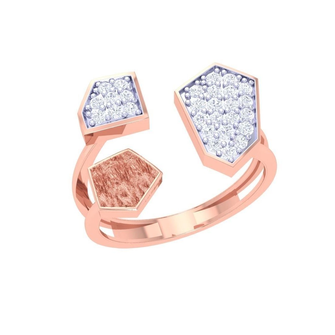 The Imogen Diamond Ladies Ring by Niraa features a modern design with three gold pentagon settings; two are encrusted with diamonds, and one has a plain gold finish.