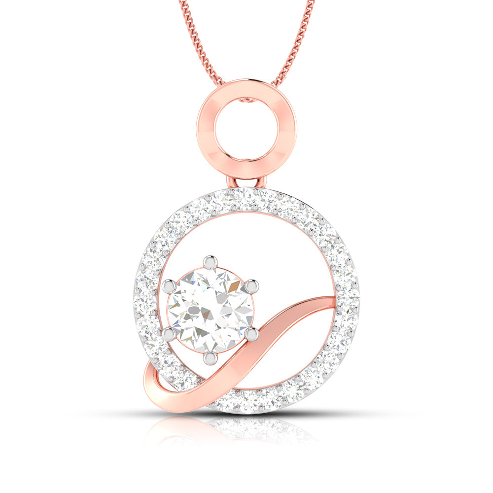 The Kennedy Diamond Solitaire Pendant Set by Niraa features a gold pendant with a circular design, highlighted by a diamond solitaire surrounded by smaller diamonds. An elegant piece with a gold loop on a delicate chain, it offers luxurious sparkle.