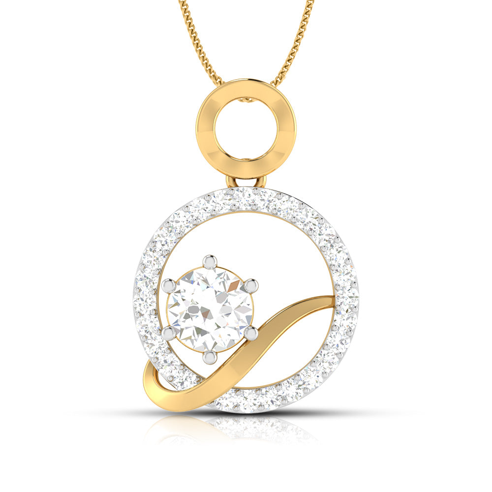 The Kennedy Diamond Solitaire Pendant Set by Niraa features a gold pendant with a circular design, highlighted by a diamond solitaire surrounded by smaller diamonds. An elegant piece with a gold loop on a delicate chain, it offers luxurious sparkle.