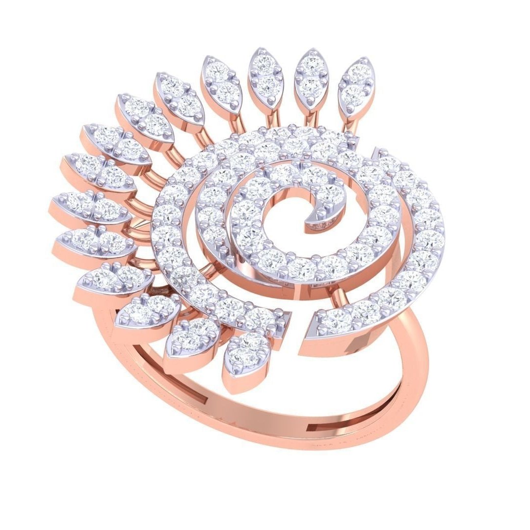 This luxury accessory from Niraa is a gold brooch in a spiral design, adorned with small round diamonds. Marquise-shaped diamond-studded extensions radiate from one side, resembling the sunburst elegance of the Ezra Diamond Ladies Ring.