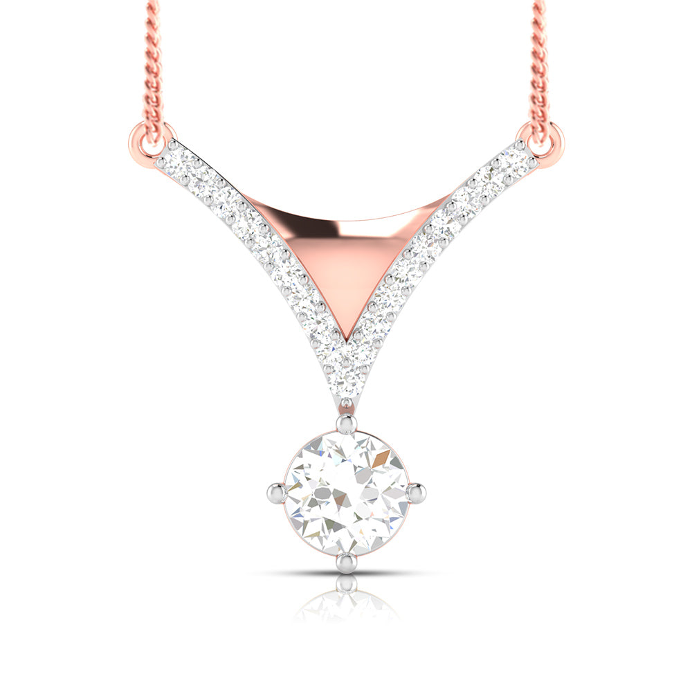 The Maya Diamond Solitaire Pendant Set by Niraa is a luxurious gold necklace with a V-shaped design adorned with small diamonds and a striking diamond solitaire pendant elegantly suspended at the center.