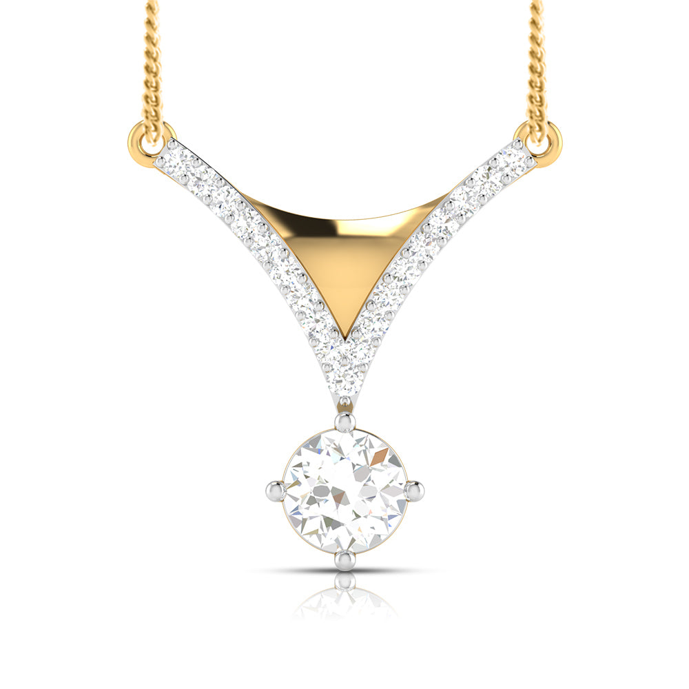 The Maya Diamond Solitaire Pendant Set by Niraa is a luxurious gold necklace with a V-shaped design adorned with small diamonds and a striking diamond solitaire pendant elegantly suspended at the center.