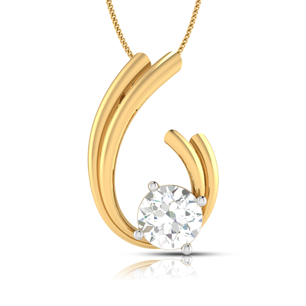 The Willow Diamond Solitaire Pendant Set by Niraa is a luxury accessory featuring an elegant gold abstract design with a circular diamond solitaire at the bottom. Hanging from a fine chain, it blends gold and diamonds flawlessly.