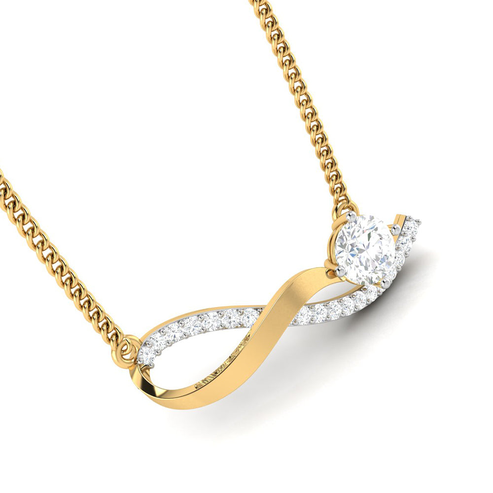 The Kinsley Diamond Solitaire Pendant Set by Niraa features a luxurious gold infinity design adorned with diamond accents and a prominent round diamond on one loop, elegantly hanging from a gold chain, exemplifying the finest in luxury jewelry and showcasing the timeless allure of gold and diamonds.