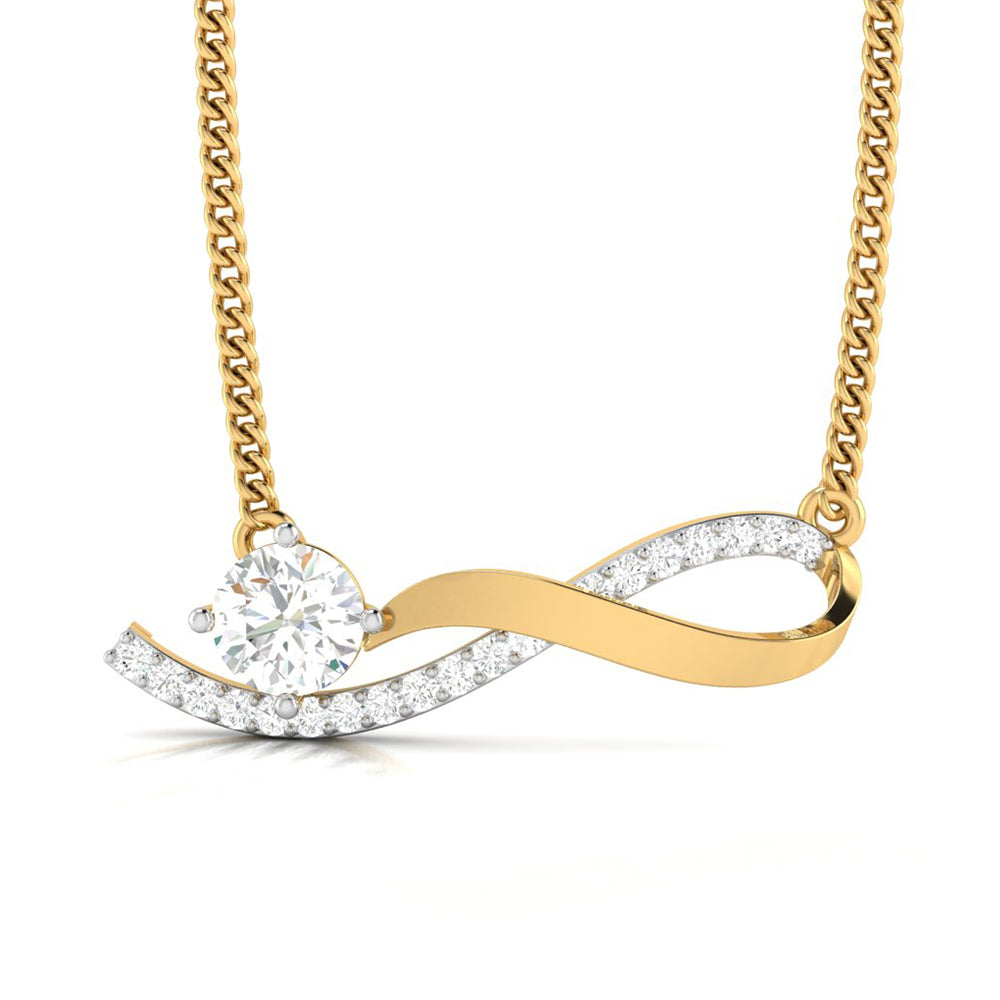 The Kinsley Diamond Solitaire Pendant Set by Niraa features a luxurious gold infinity design adorned with diamond accents and a prominent round diamond on one loop, elegantly hanging from a gold chain, exemplifying the finest in luxury jewelry and showcasing the timeless allure of gold and diamonds.