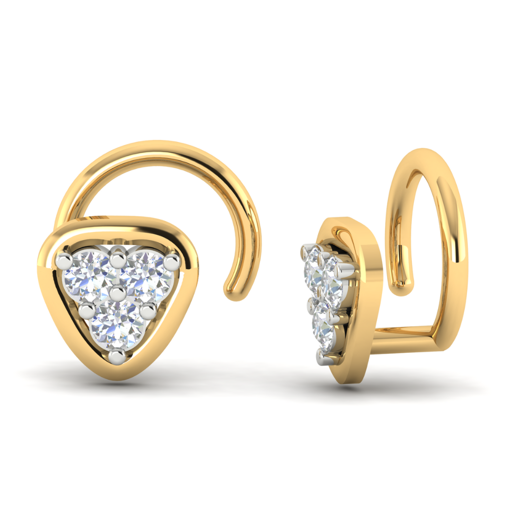 The Zavian Diamond Nosepin by Niraa is a luxury accessory featuring triangular settings with clusters of sparkling diamonds. Displayed from front and side views, the swirl anchor design makes these gold and diamond pins a true statement in elegance.