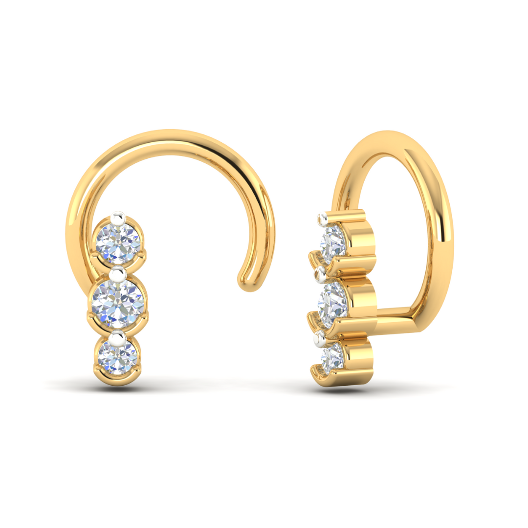 The Zoella Diamond Nosepin by Niraa, featuring three round clear gemstones in a vertical arrangement, combines elegance and shine. Its simple yet sophisticated design makes it a standout luxury accessory for any occasion.