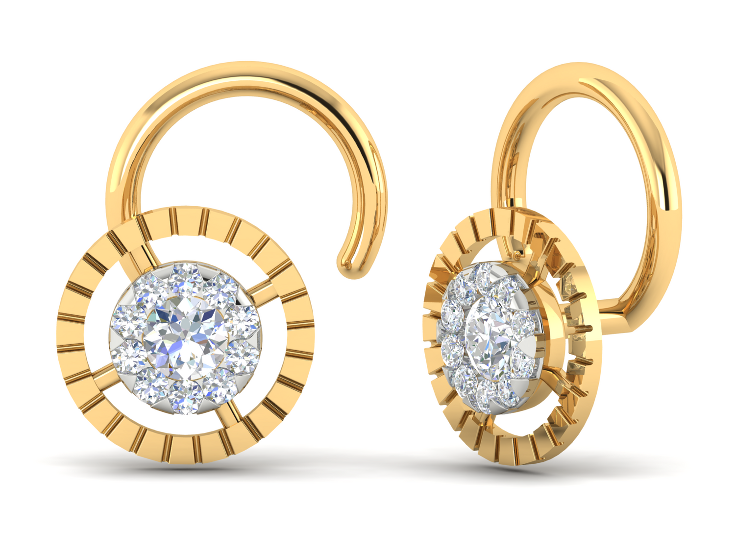 Niraas Amaris Diamond Nosepin showcases a circular design with a cluster of sparkling diamonds and comes with a diamond certificate. A textured gold ring surrounds the diamonds, offering an elegant and luxurious appearance.