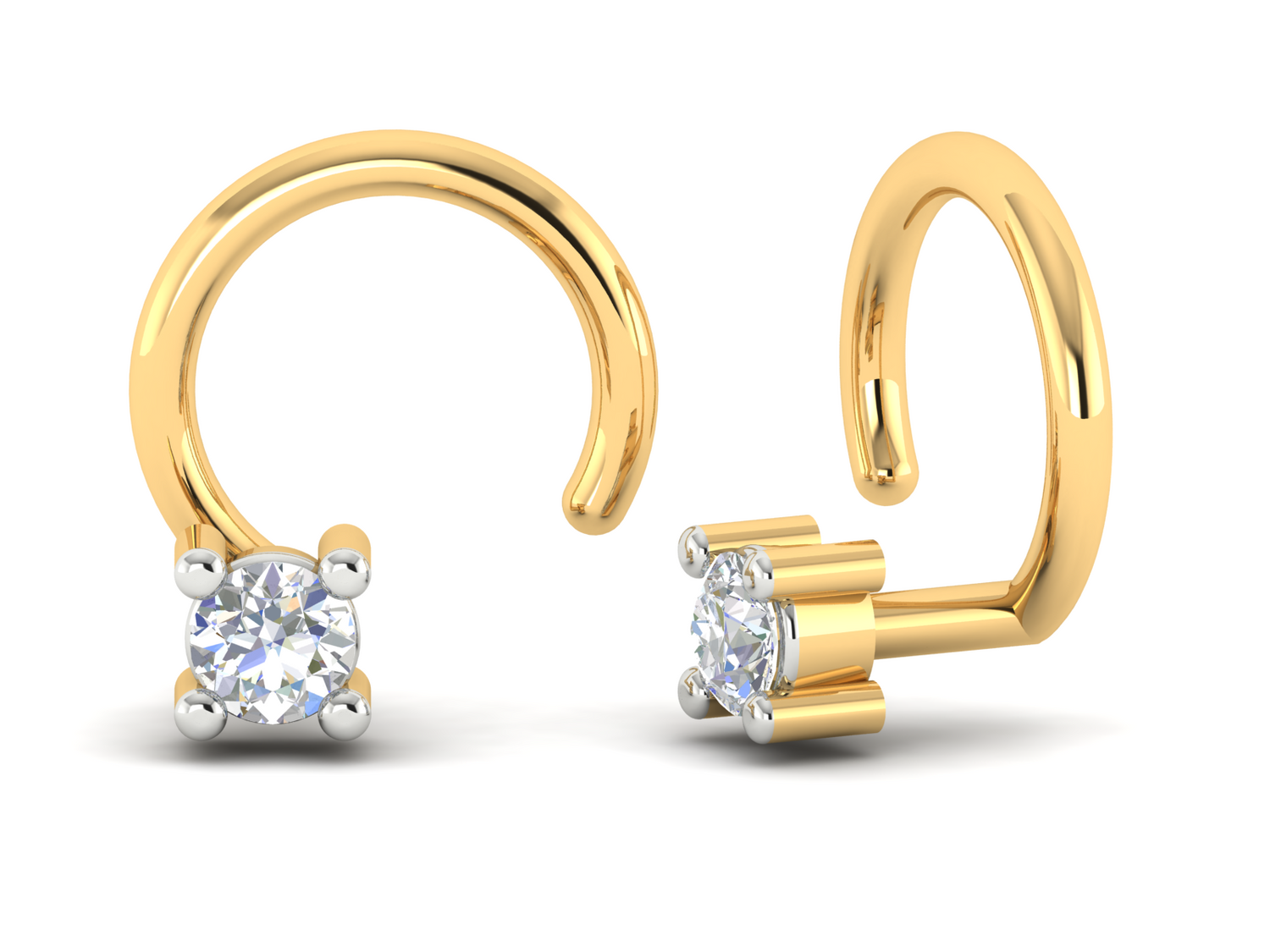The Juliet Diamond Solitaire Nosepin by Niraa features a pair of gold nose rings adorned with diamond-like gemstones at the open ends, shown against a white background displaying both front and side views.