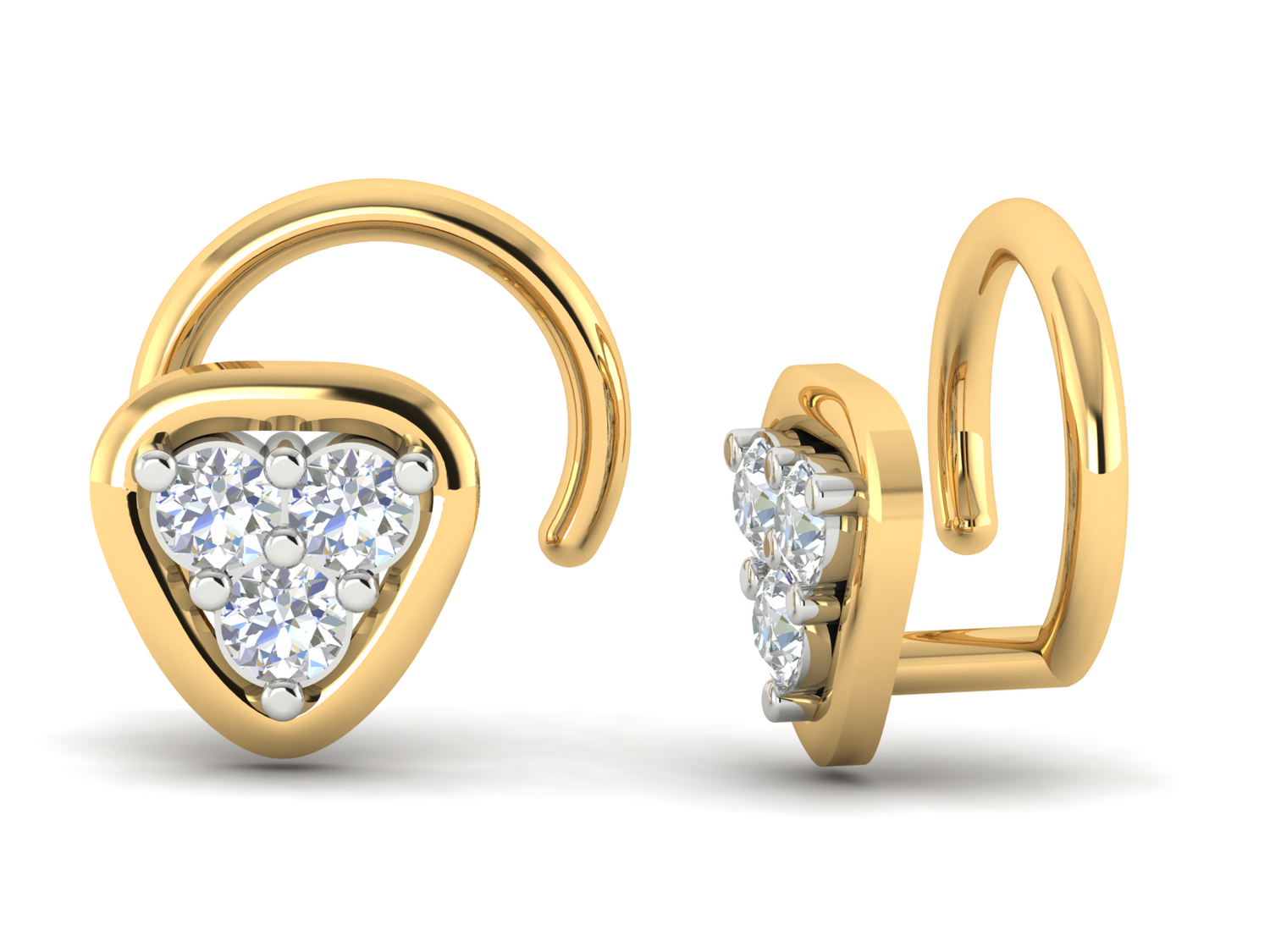 The Zavian Diamond Nosepin by Niraa is a luxury accessory featuring triangular settings with clusters of sparkling diamonds. Displayed from front and side views, the swirl anchor design makes these gold and diamond pins a true statement in elegance.