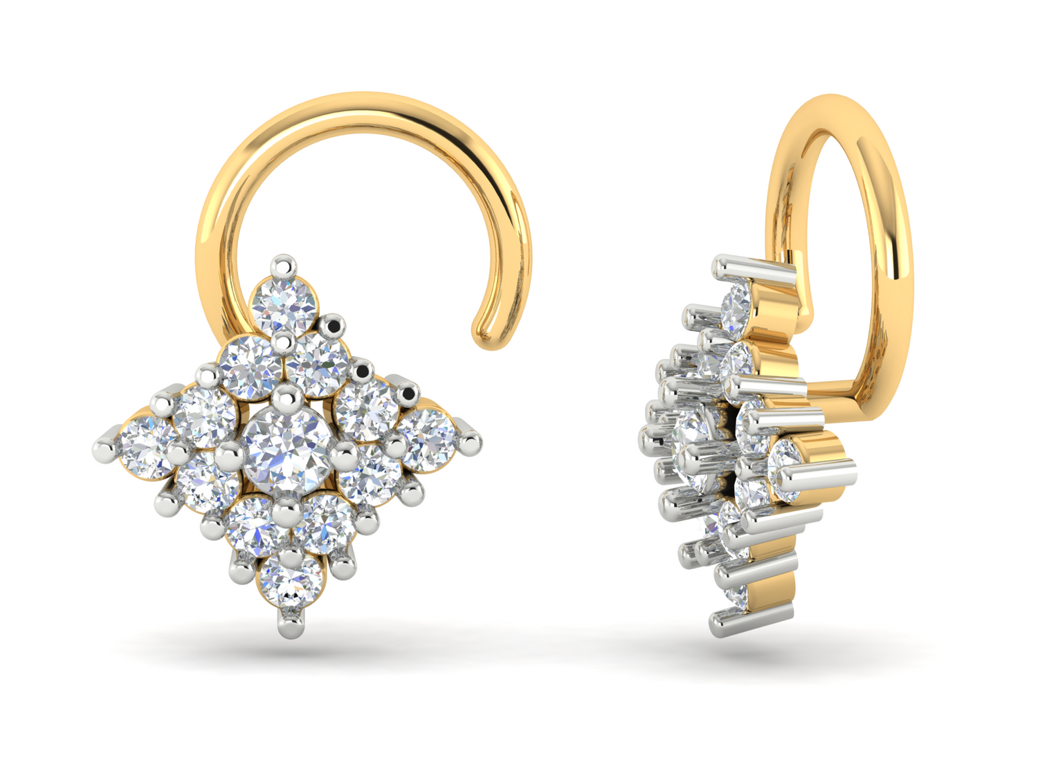 The Niraa Inara Diamond Nosepin exudes elegance with its diamond clusters and brilliant sparkle, reminiscent of a certified masterpiece.