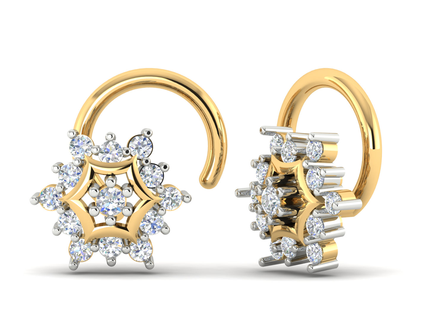 The Zariah Diamond Nosepin by Niraa, with its star-shaped design and small white gemstones, captures luxurious elegance. The intricate arrangement offers a sparkling, diamond-like appearance, making it ideal for stylish and decorative piercing jewelry.