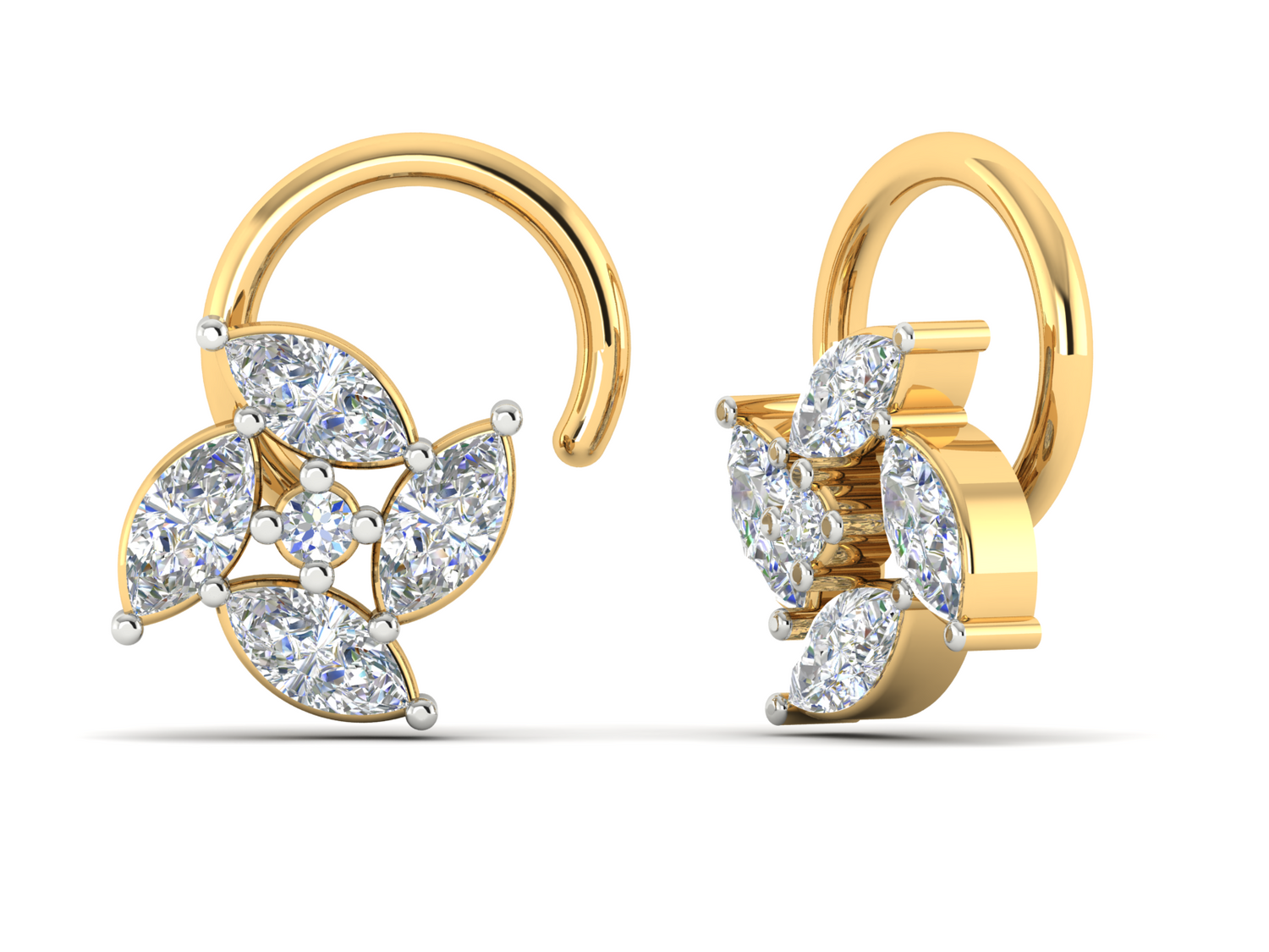 The Arista Diamond Nosepin by Niraa features a circular design with sparkling marquise-cut stones, embodying luxury. Its symmetrical floral-inspired pattern and polished finish make it gleam brilliantly.