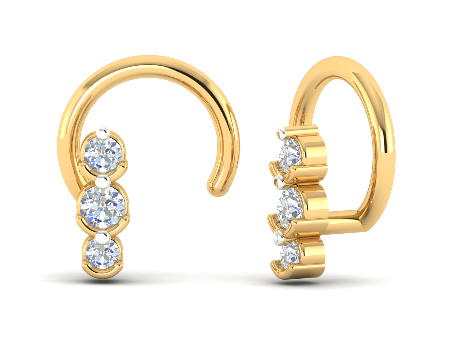 The Zoella Diamond Nosepin by Niraa, featuring three round clear gemstones in a vertical arrangement, combines elegance and shine. Its simple yet sophisticated design makes it a standout luxury accessory for any occasion.