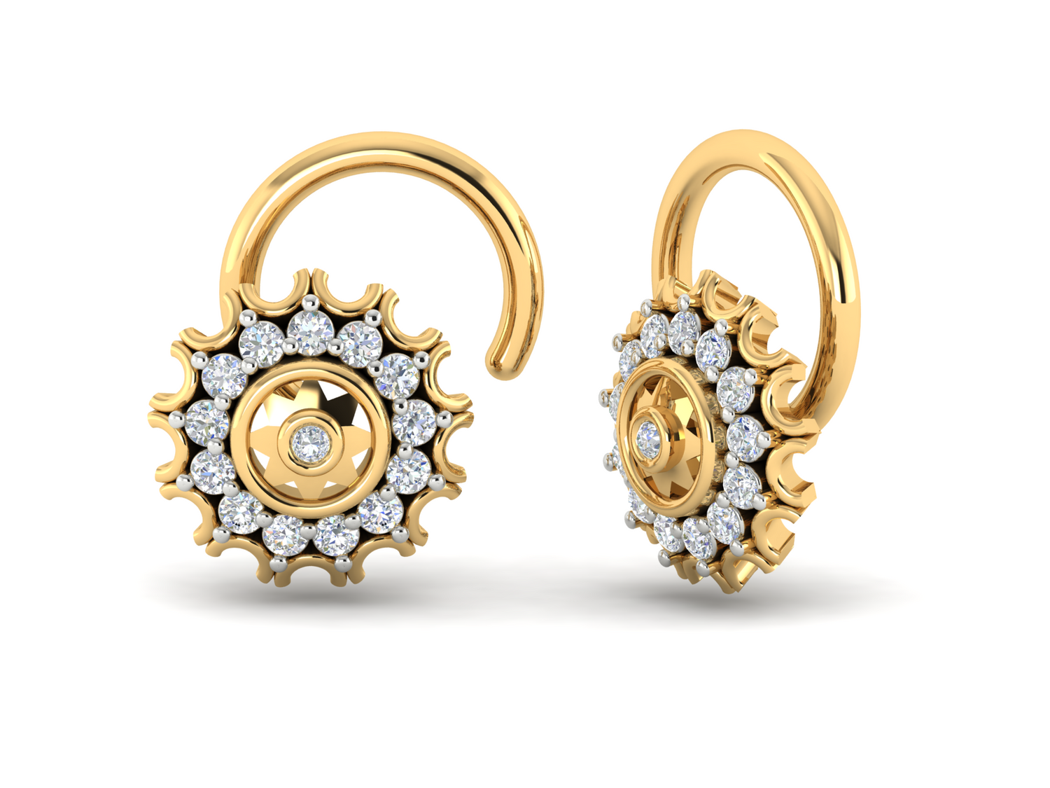 The Iris Diamond Nosepin by Niraa epitomizes luxury with a central diamond encircled by smaller ones and intricate detailing resembling a gear on the edges. Its open hoop style adds elegance and sophistication.