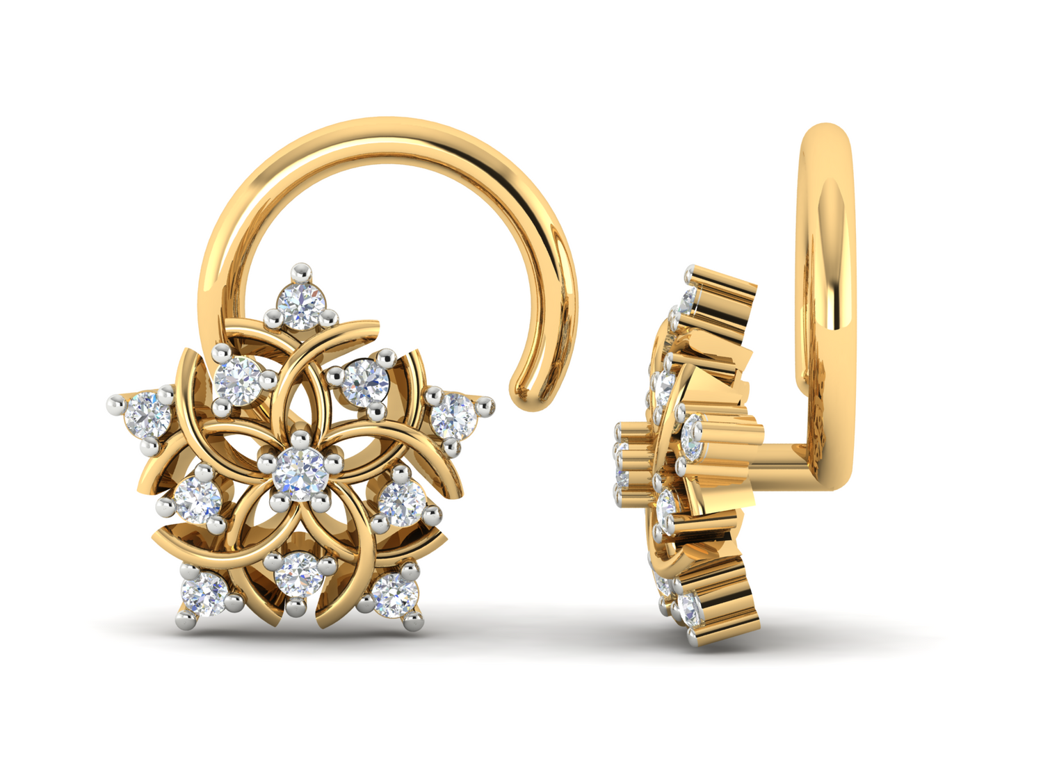 The Insignia Diamond Nosepin by Niraa features intricate star-shaped floral designs with small diamonds and a unique looped gold hook, blending elegance and craftsmanship for those who appreciate timeless beauty.