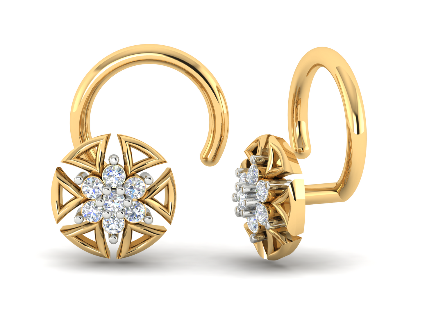 The Airis Diamond Nosepin by Niraa exudes elegance, featuring a luxurious front design reminiscent of a six-pointed star with a central cluster of small white gemstones arranged in a floral pattern.