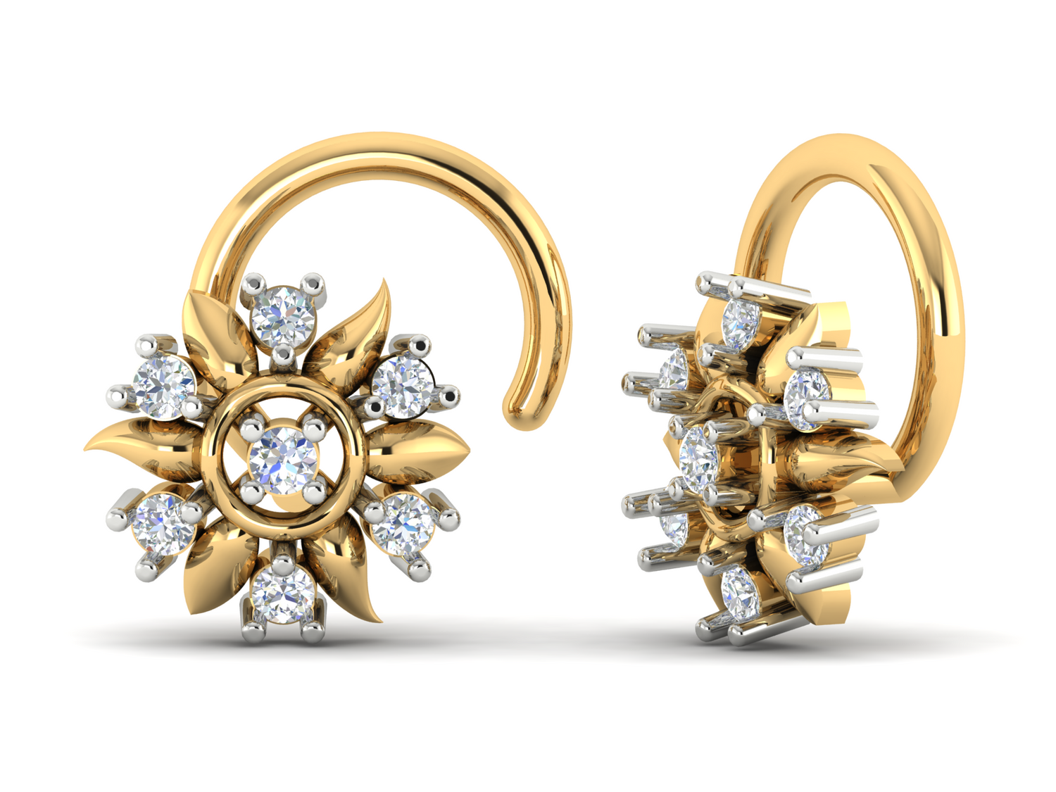 Niraas Allosia Diamond Nosepin showcases a floral design with curved petals adorned by sparkling gemstones, centered around a larger gem for an elegant look. Crafted from luxurious gold, this nosepin offers a sophisticated and graceful appearance.