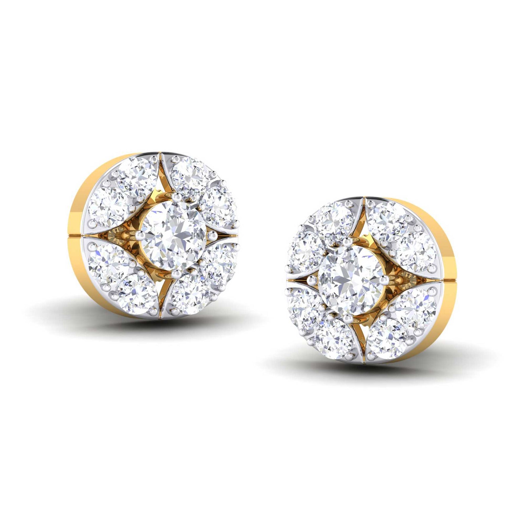 The Fiorella Diamond Earring by Niraa features round-cut diamonds set in yellow gold with a circular design. Each center diamond is surrounded by smaller diamonds for a sparkling, sophisticated look that enhances any outfit.
