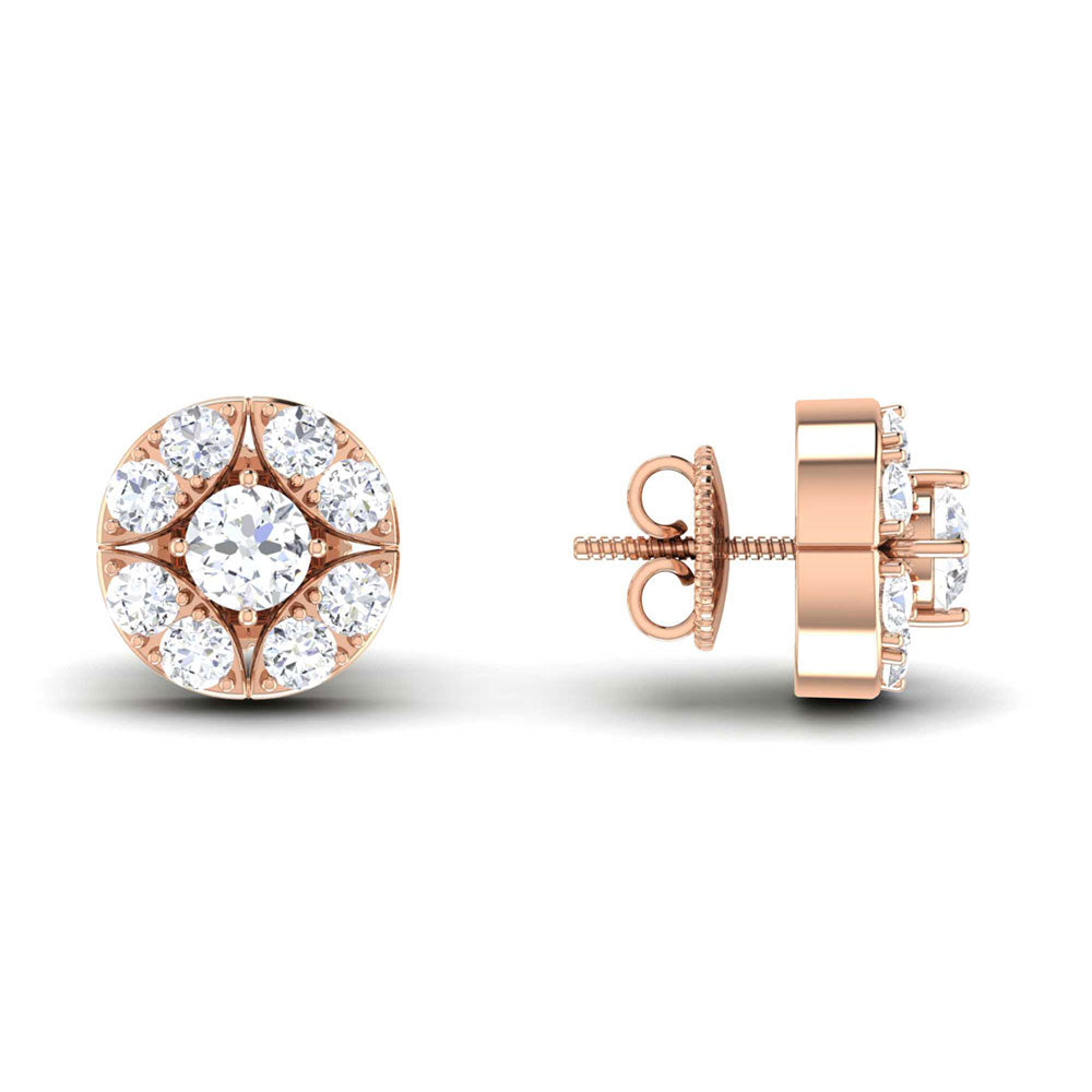 The Fiorella Diamond Earring by Niraa features round-cut diamonds set in yellow gold with a circular design. Each center diamond is surrounded by smaller diamonds for a sparkling, sophisticated look that enhances any outfit.