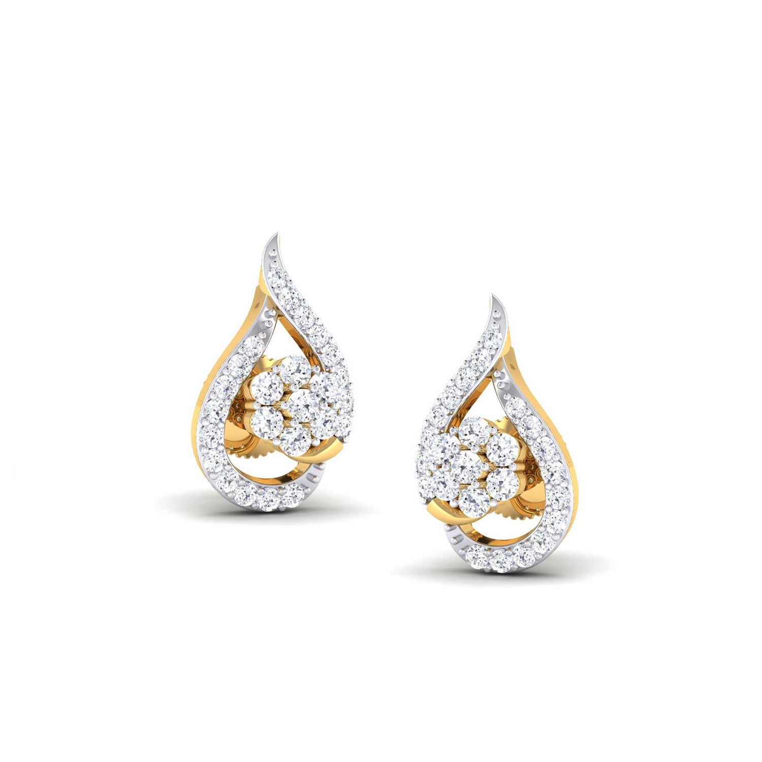 The Emmeline Diamond Earrings by Niraa feature an elegant teardrop design in gold and silver tones, with sparkling diamonds forming a stunning floral pattern at the center. They are perfect for adding elegance and making a statement at any event.