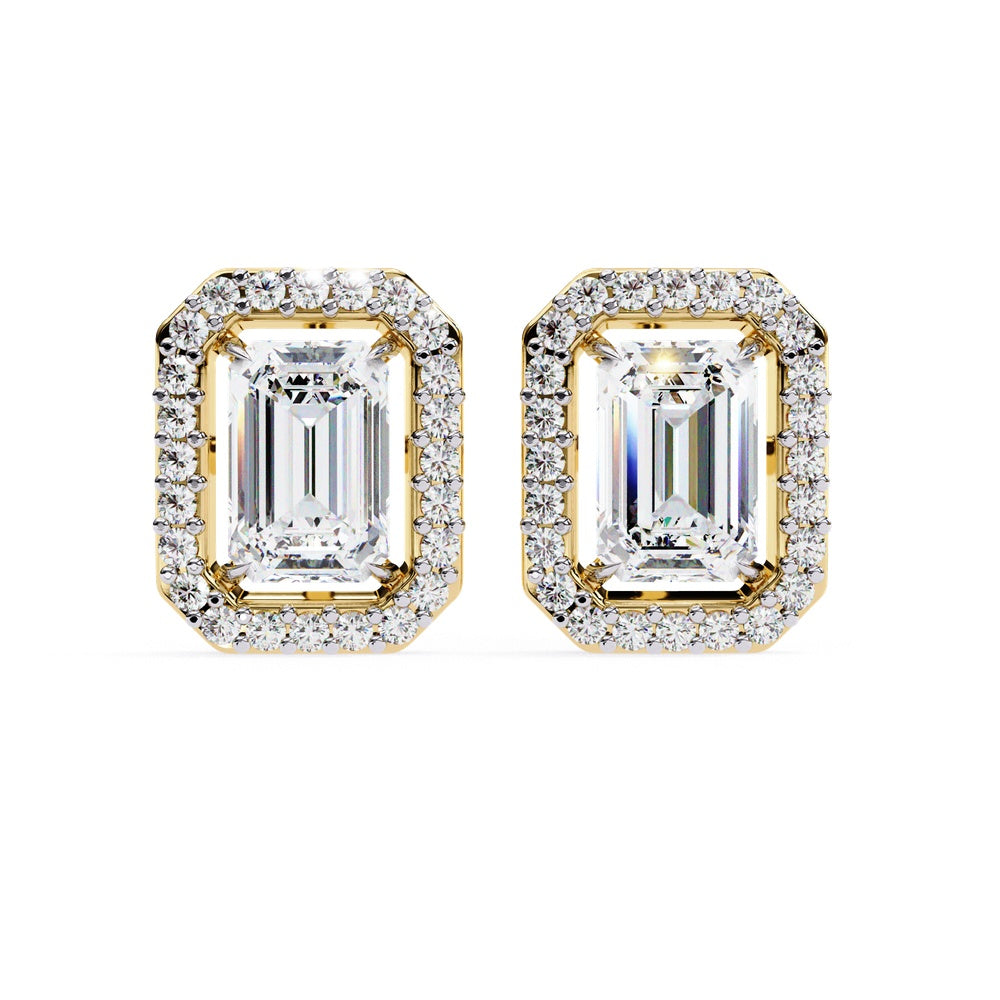 Emerald Cut and Halo Solitaire Stud Earrings