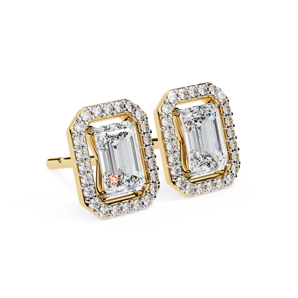 Emerald Cut and Halo Solitaire Stud Earrings