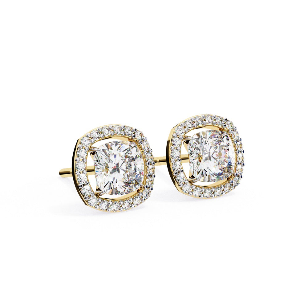 Cushion Square and Halo Solitaire Stud Earrings